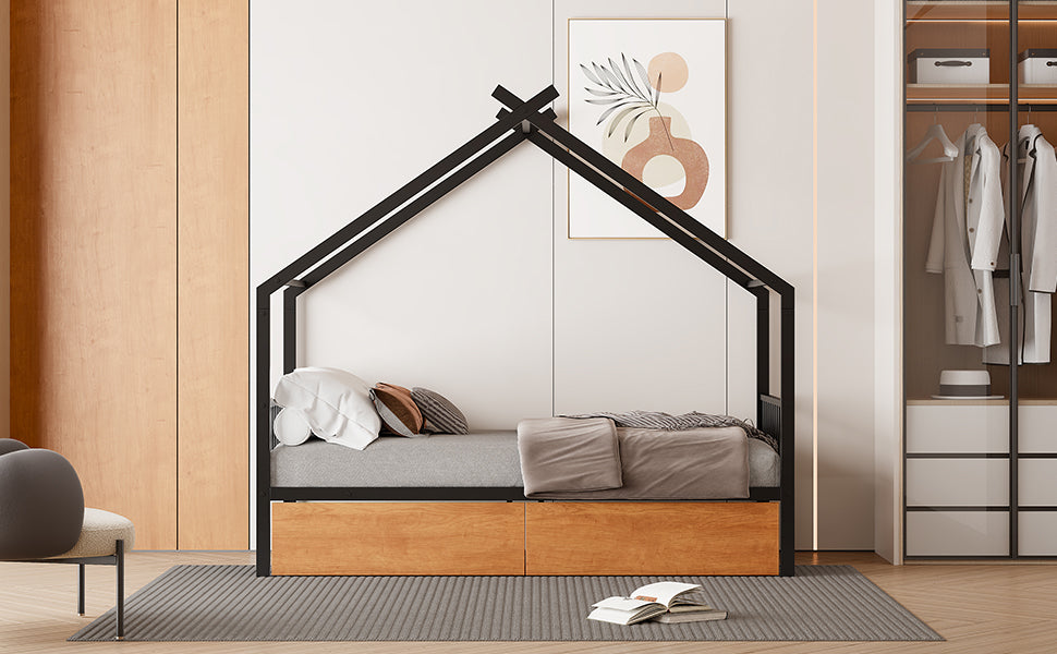 Twin Metal House Bed with 2 Rolling Storage Drawers