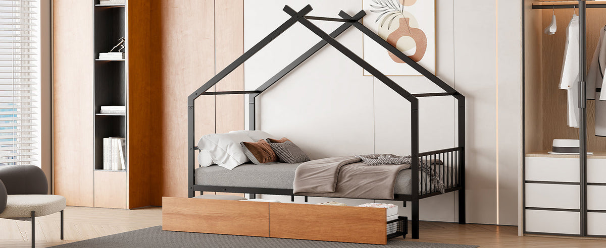 Twin Metal House Bed with 2 Rolling Storage Drawers