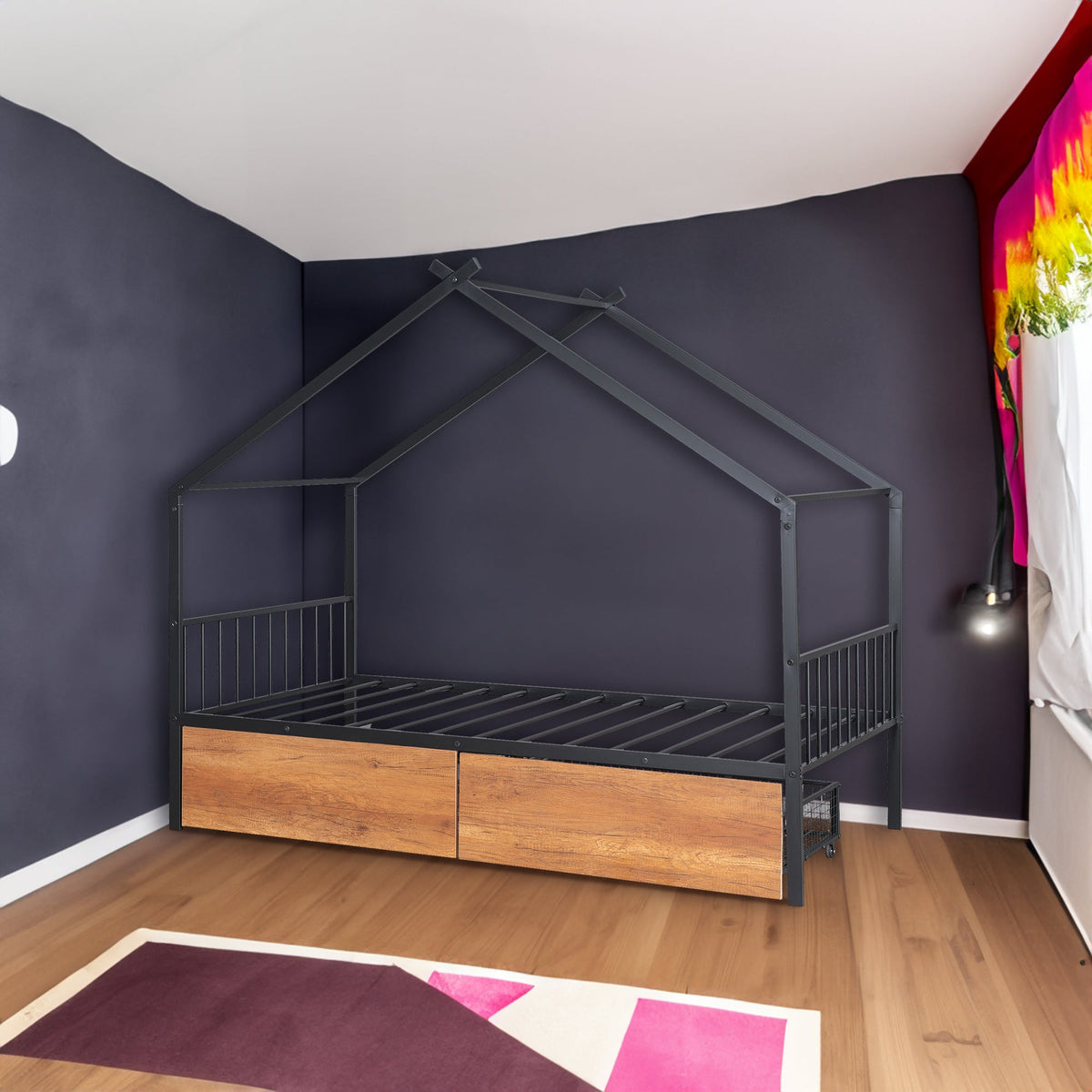 Twin Metal House Bed with 2 Rolling Storage Drawers