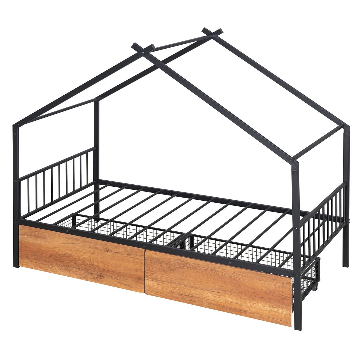 Twin Metal House Bed with 2 Rolling Storage Drawers