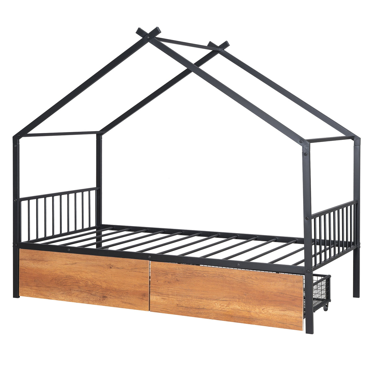 Twin Metal House Bed with 2 Rolling Storage Drawers