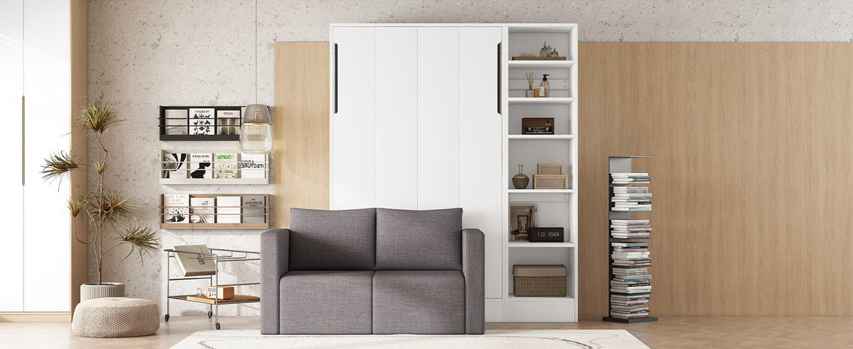 Twin Murphy Wall Bed with Sofa and Shelves in White