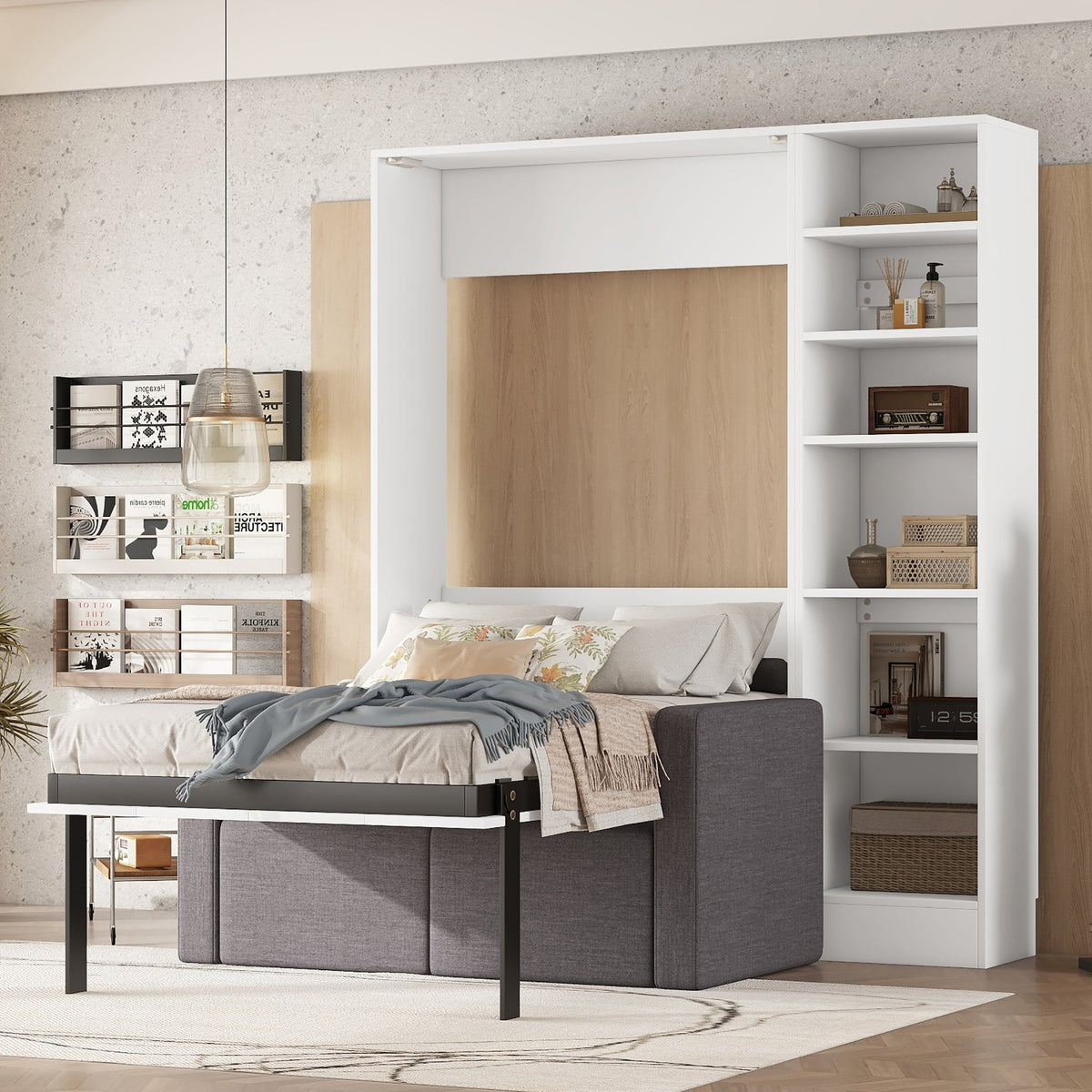 Twin Murphy Wall Bed with Sofa and Shelves in White