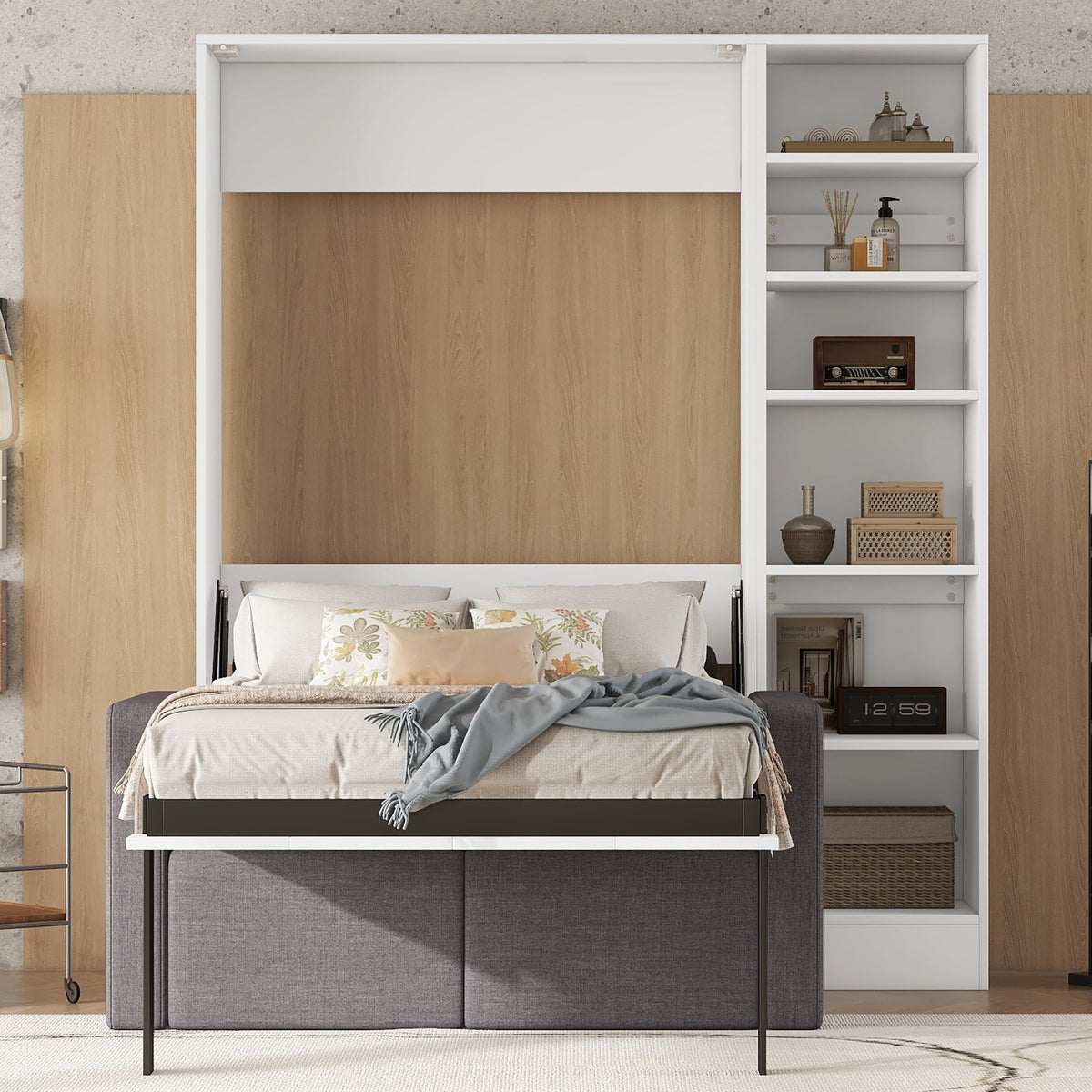 Twin Murphy Wall Bed with Sofa and Shelves in White