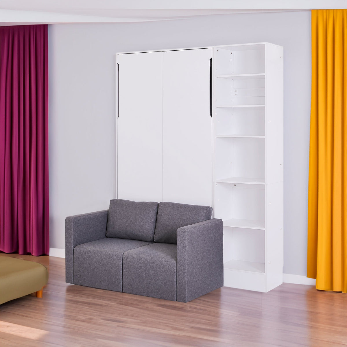Twin Murphy Wall Bed with Sofa and Shelves in White