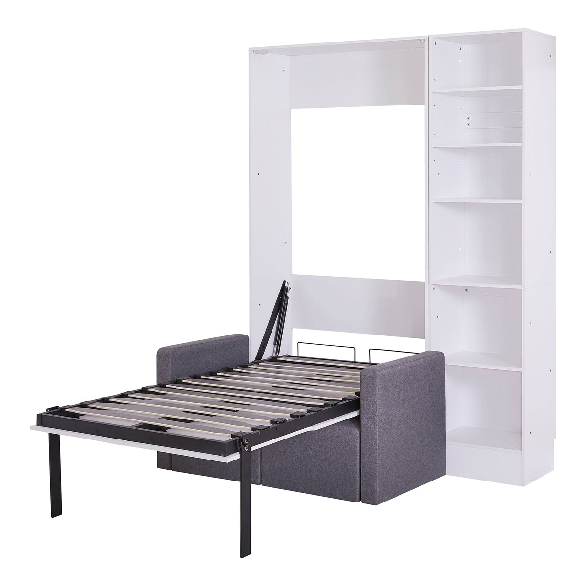 Twin Murphy Wall Bed with Sofa and Shelves in White