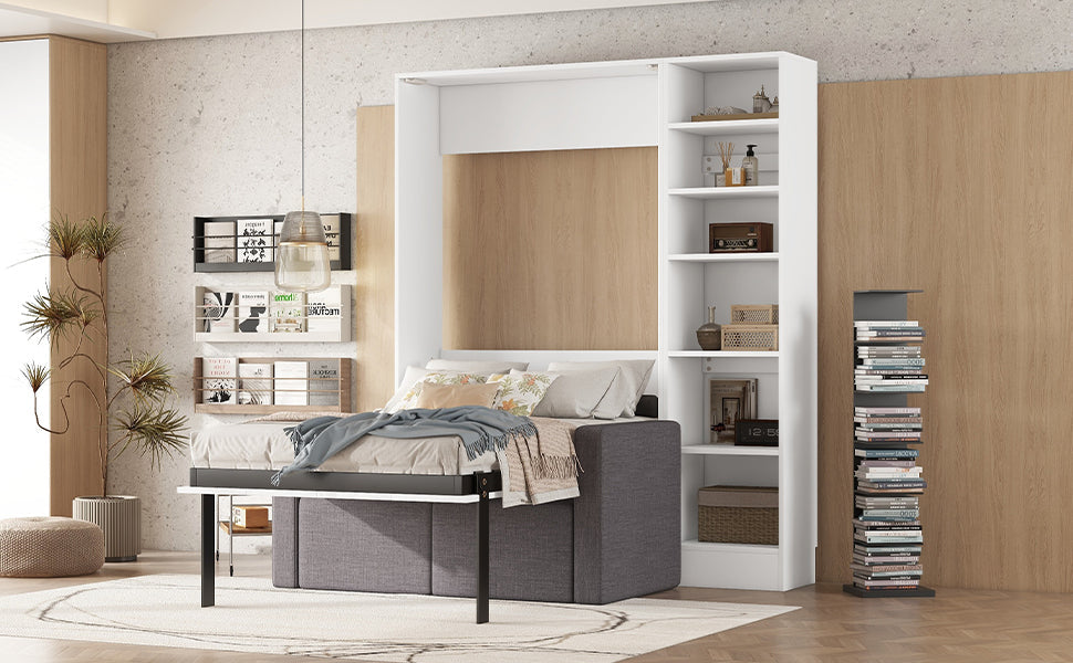 Twin Murphy Wall Bed with Sofa and Shelves in White