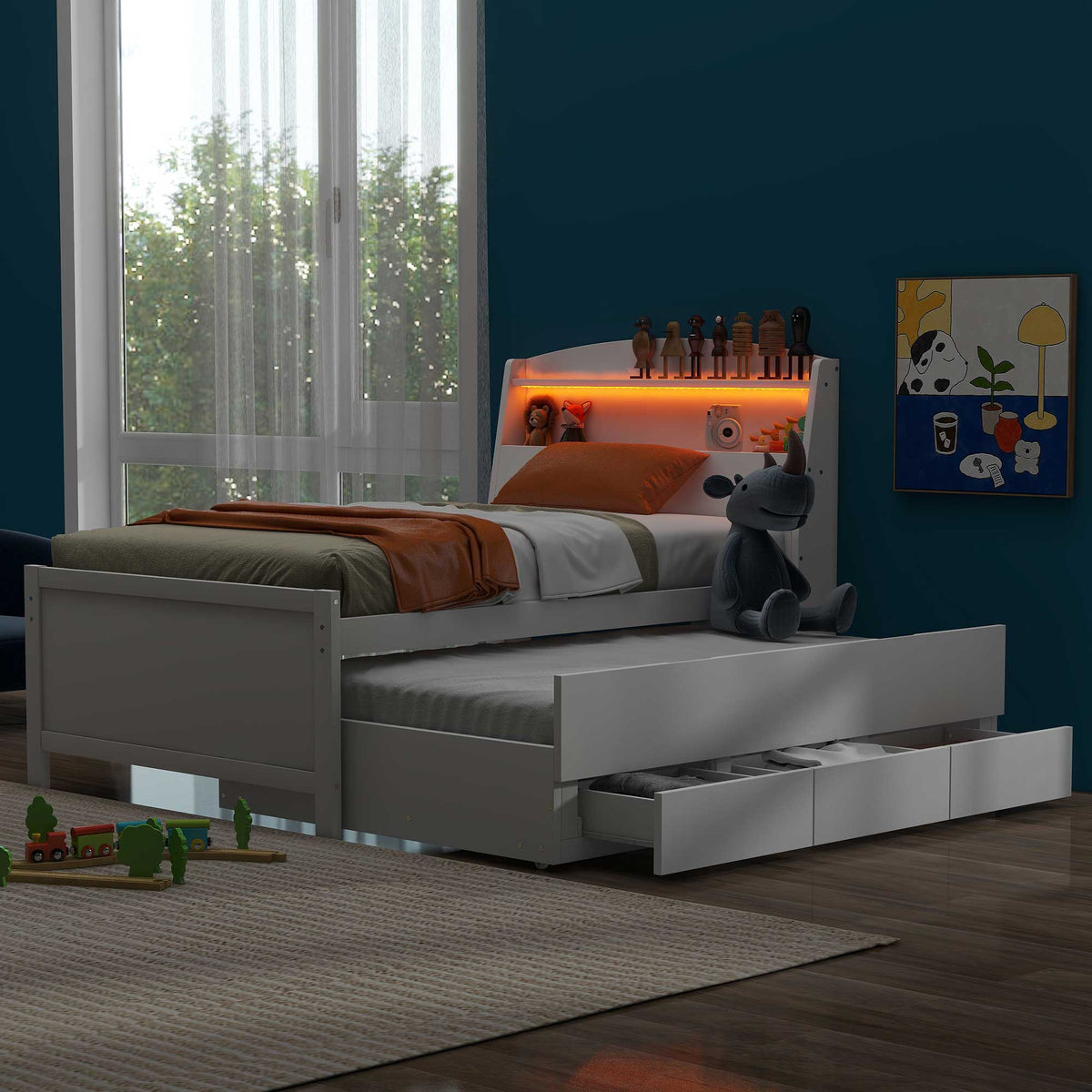 Twin Platform Bed with Trundle, LED Headboard & Drawers