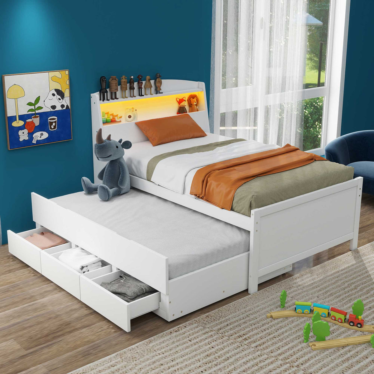 Twin Platform Bed with Trundle, LED Headboard & Drawers