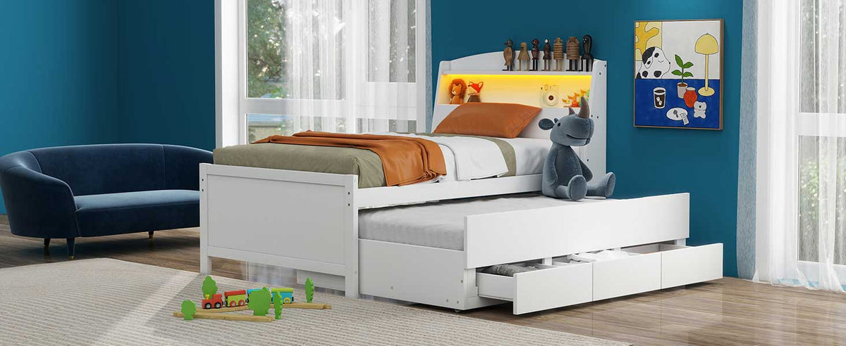 Twin Platform Bed with Trundle, LED Headboard & Drawers