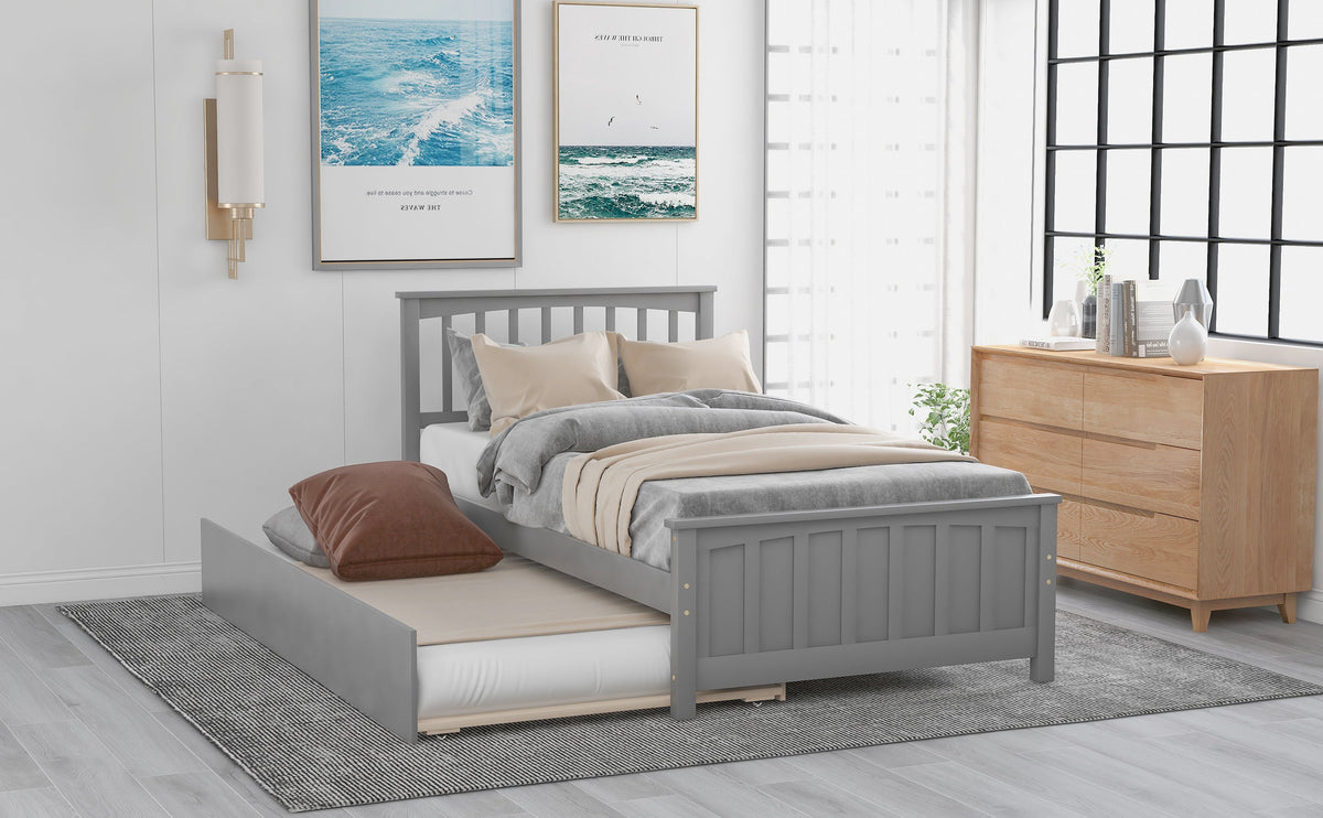 Twin Platform Bed with Trundle, Gray Solid Wood Frame