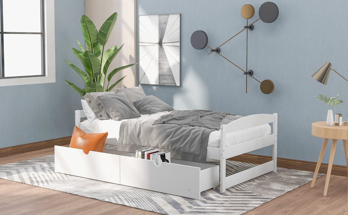 Twin Platform Bed with Drawers, White Wood Frame