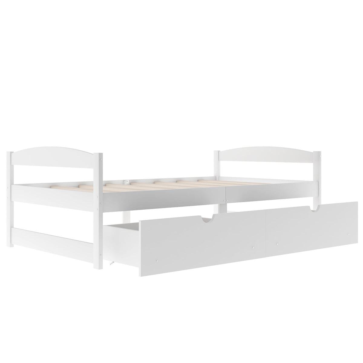 Twin Platform Bed with Drawers, White Wood Frame