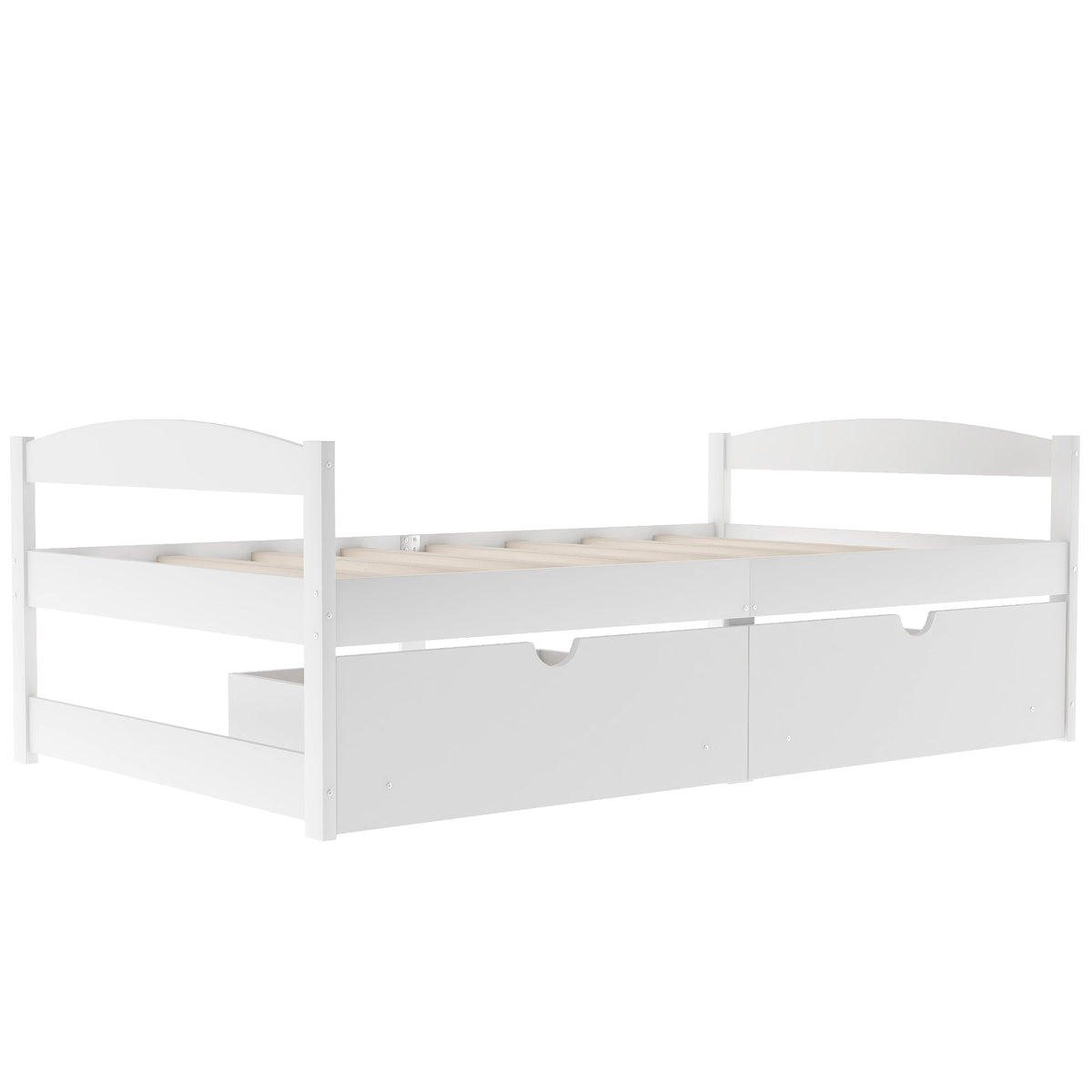 Twin Platform Bed with Drawers, White Wood Frame