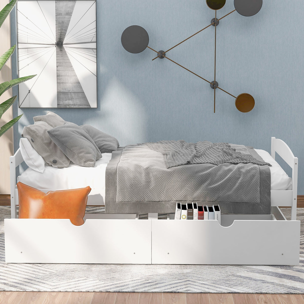 Twin Platform Bed with Drawers, White Wood Frame