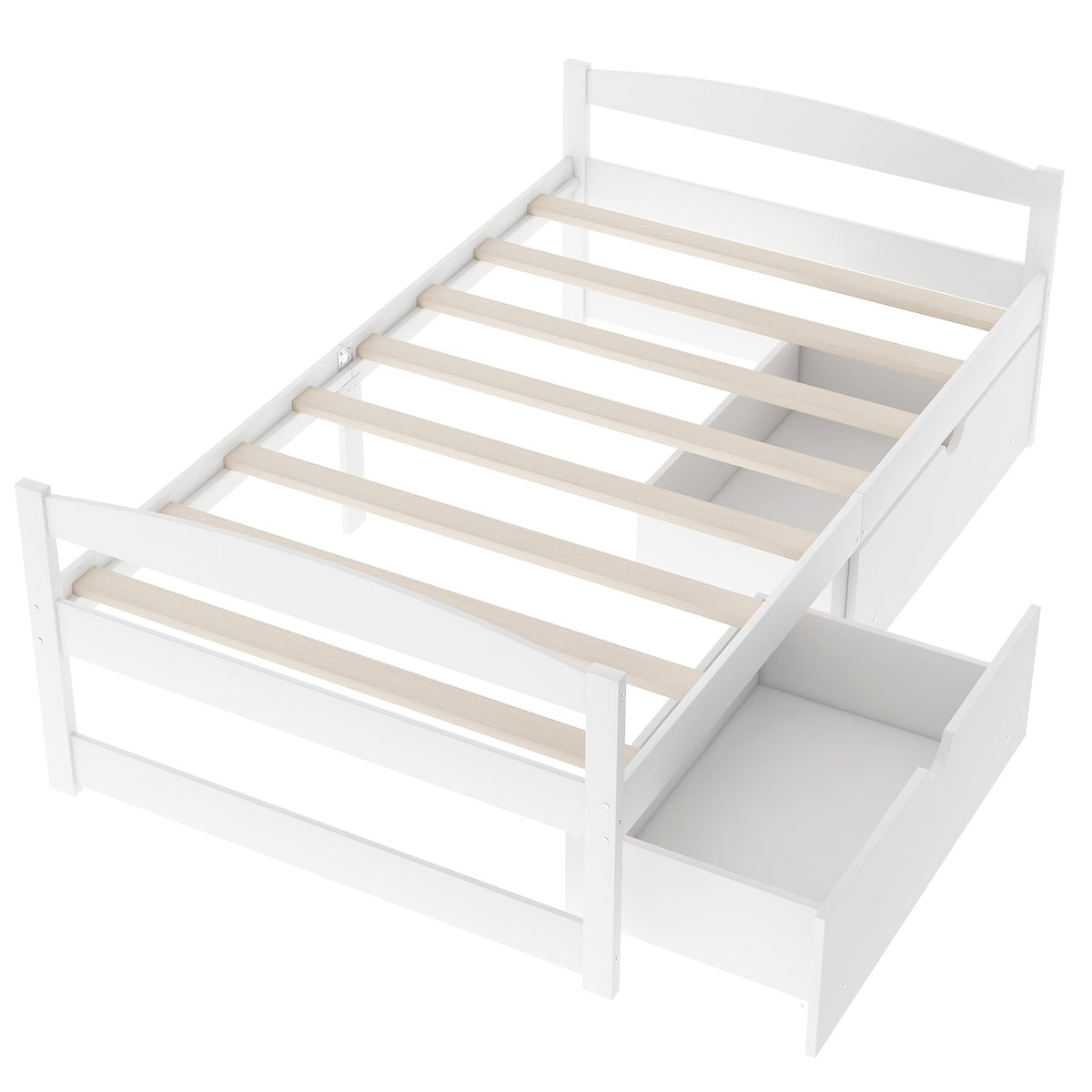 Twin Platform Bed with Drawers, White Wood Frame