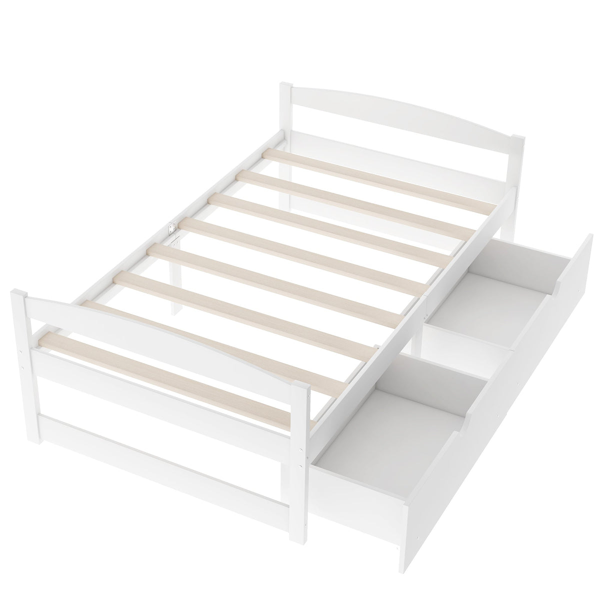Twin Platform Bed with Drawers, White Wood Frame