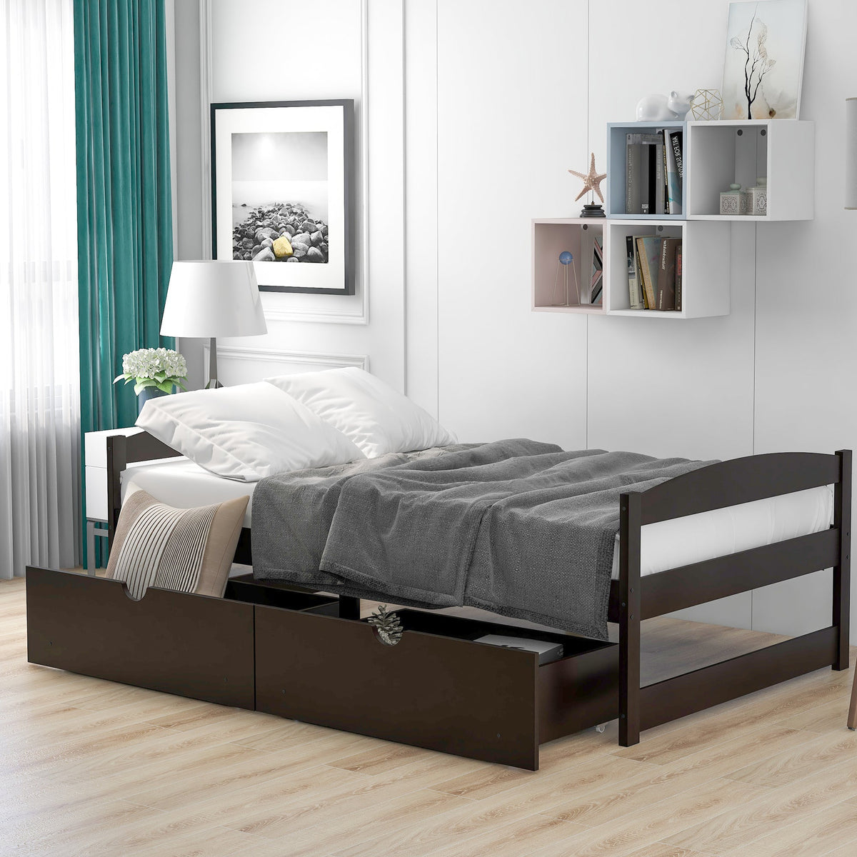 Twin Platform Bed with Drawers, Espresso Wood Frame