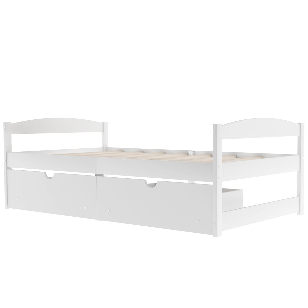 Twin Platform Bed with Drawers, White Wood Frame