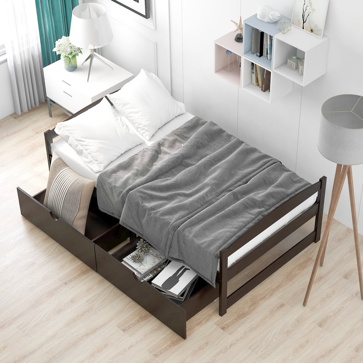 Twin Platform Bed with Drawers, Espresso Wood Frame