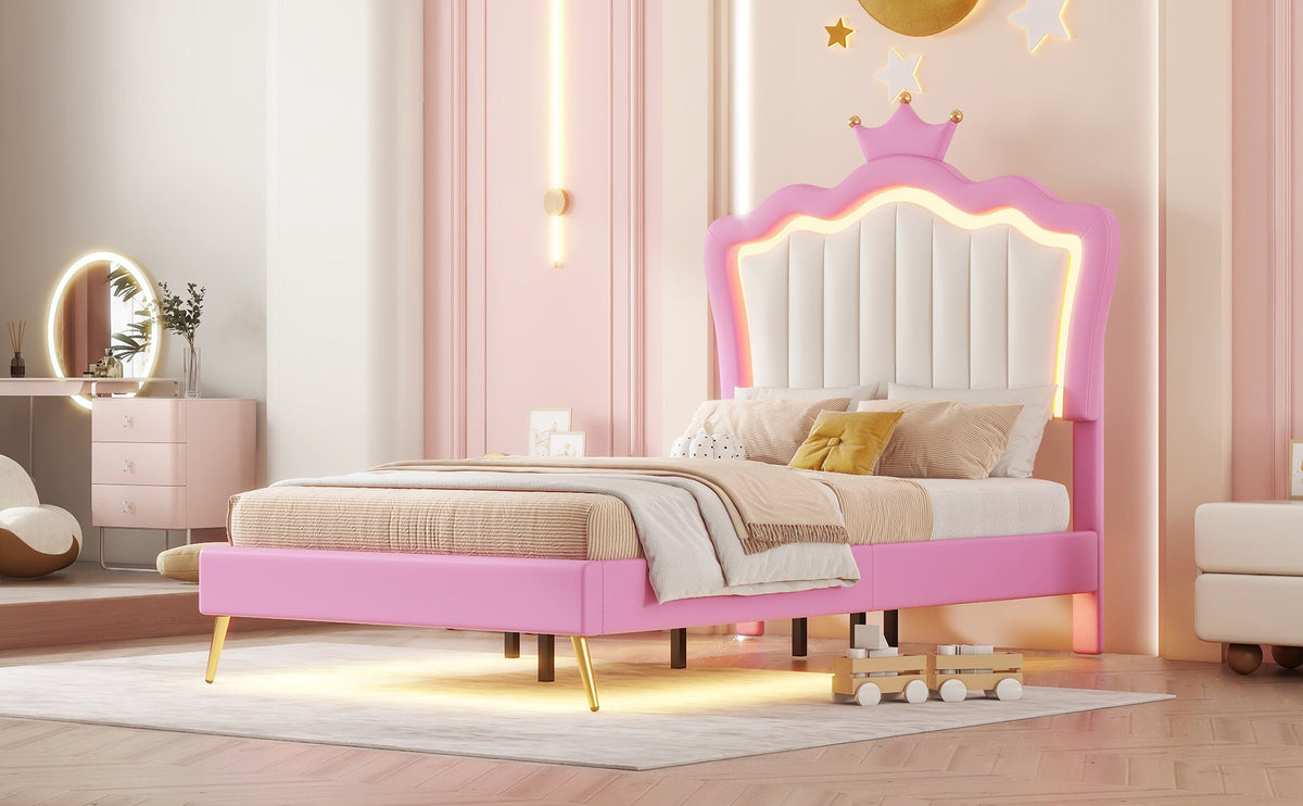Princess Twin Bed Frame with Crown Headboard and LED Glow