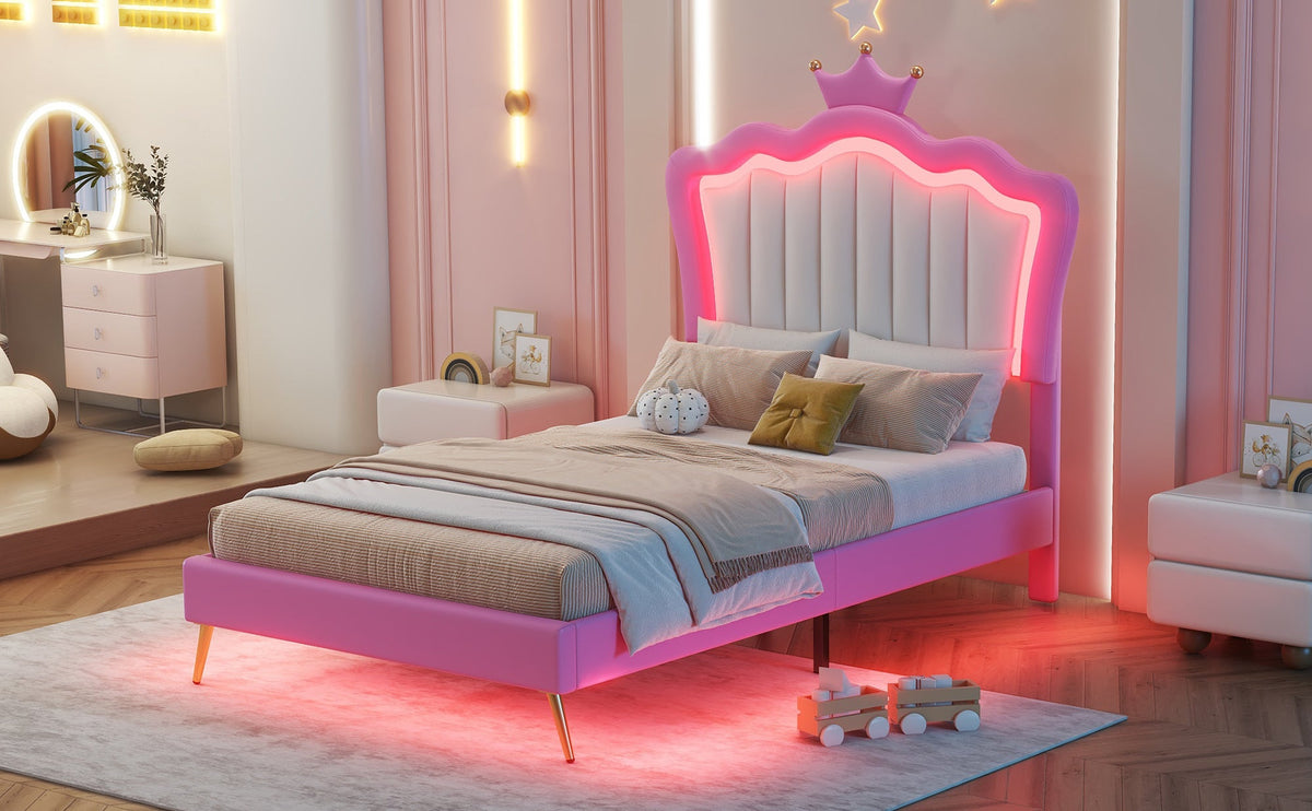 Princess Twin Bed Frame with Crown Headboard and LED Glow