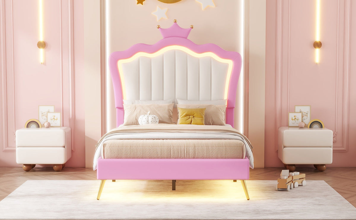 Princess Twin Bed Frame with Crown Headboard and LED Glow