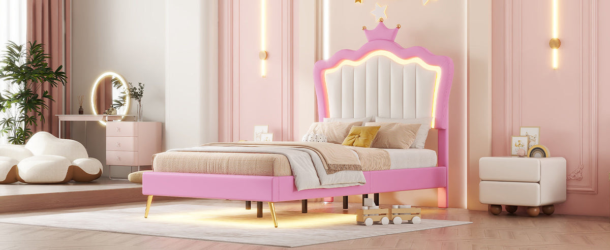 Princess Twin Bed Frame with Crown Headboard and LED Glow