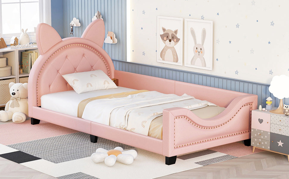 Kids Pink Twin Daybed with Cat-Ear Tufted Headboard