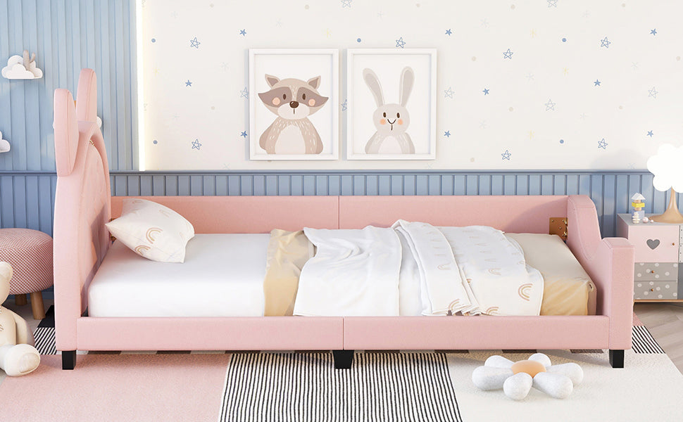 Kids Pink Twin Daybed with Cat-Ear Tufted Headboard