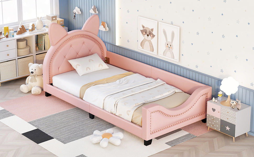 Kids Pink Twin Daybed with Cat-Ear Tufted Headboard