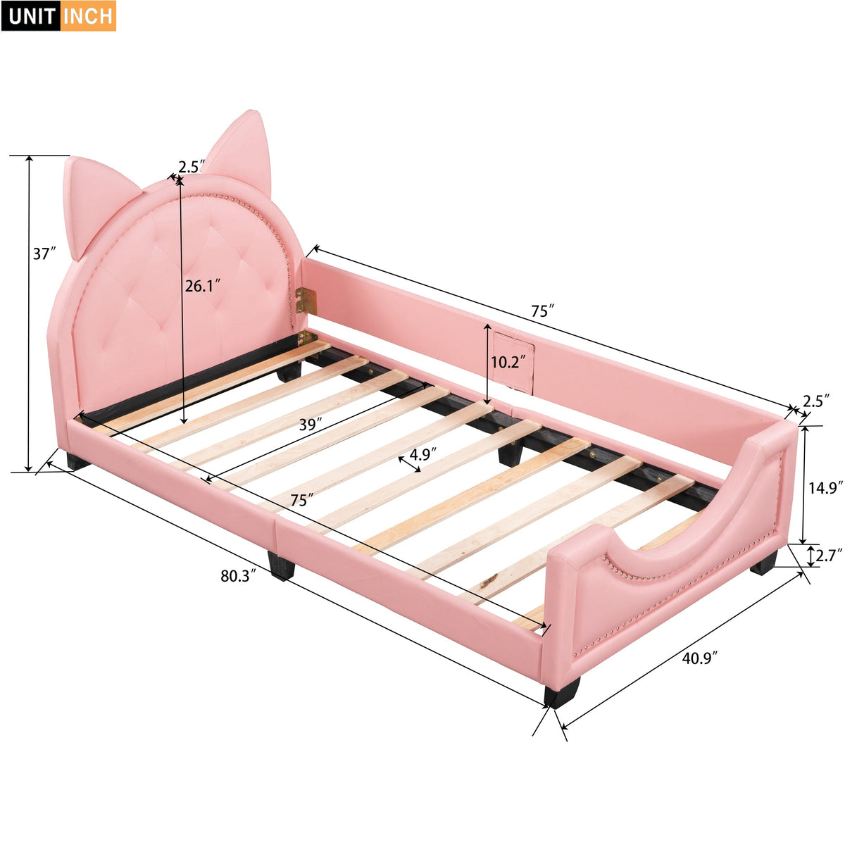 Kids Pink Twin Daybed with Cat-Ear Tufted Headboard