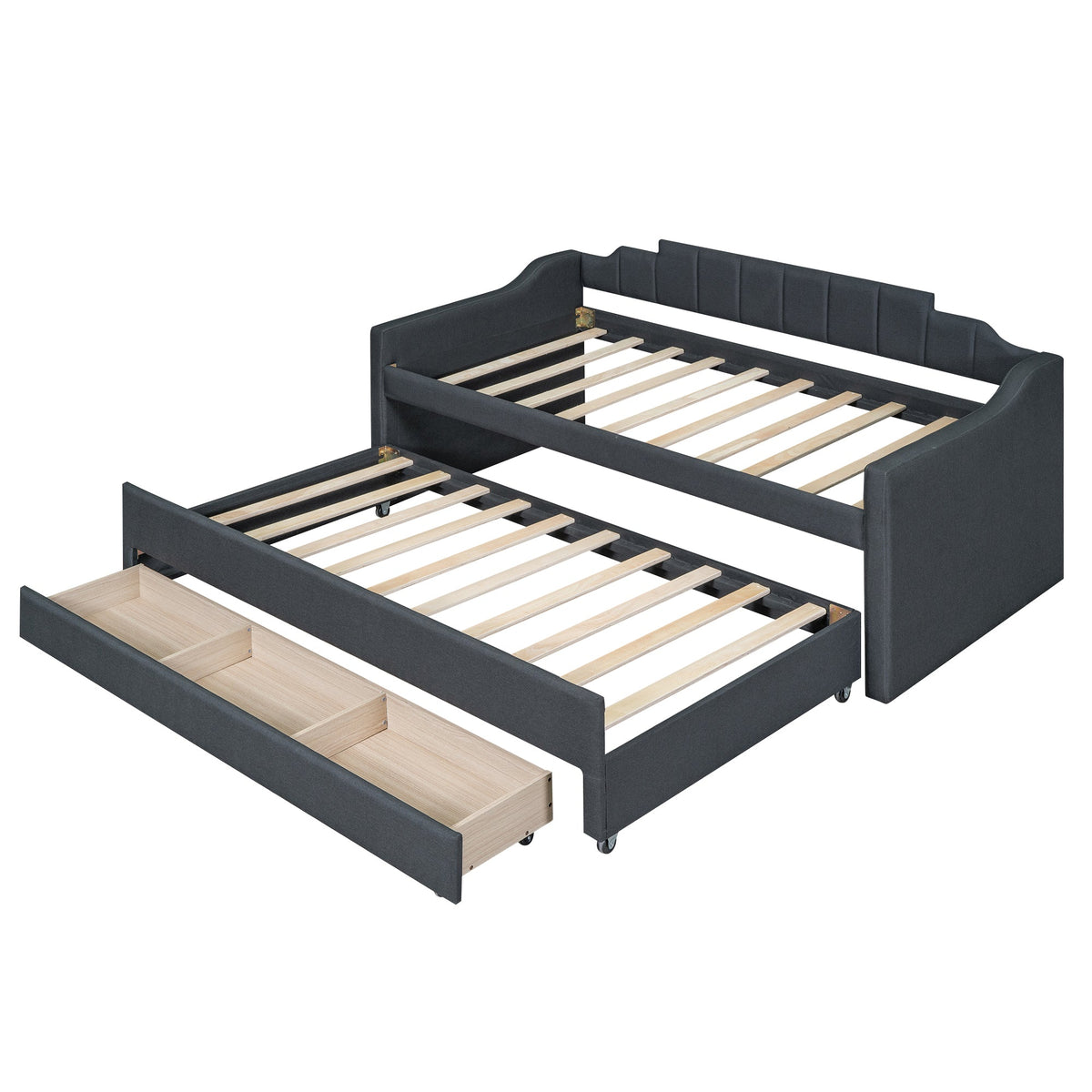 Twin Daybed with Trundle and Storage Drawers, Grey