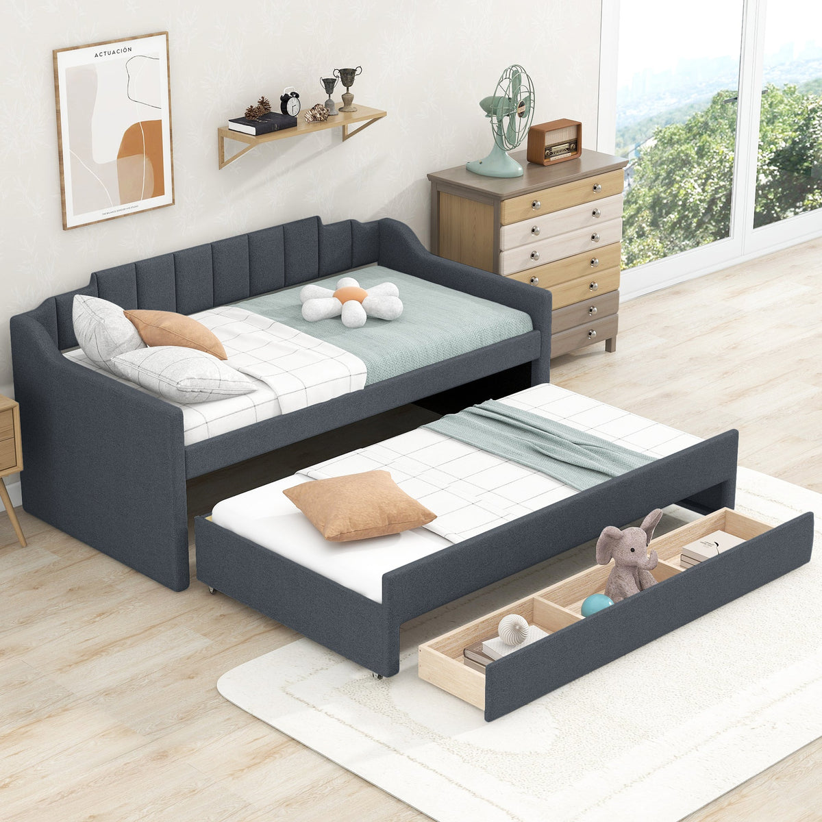Twin Daybed with Trundle and Storage Drawers, Grey