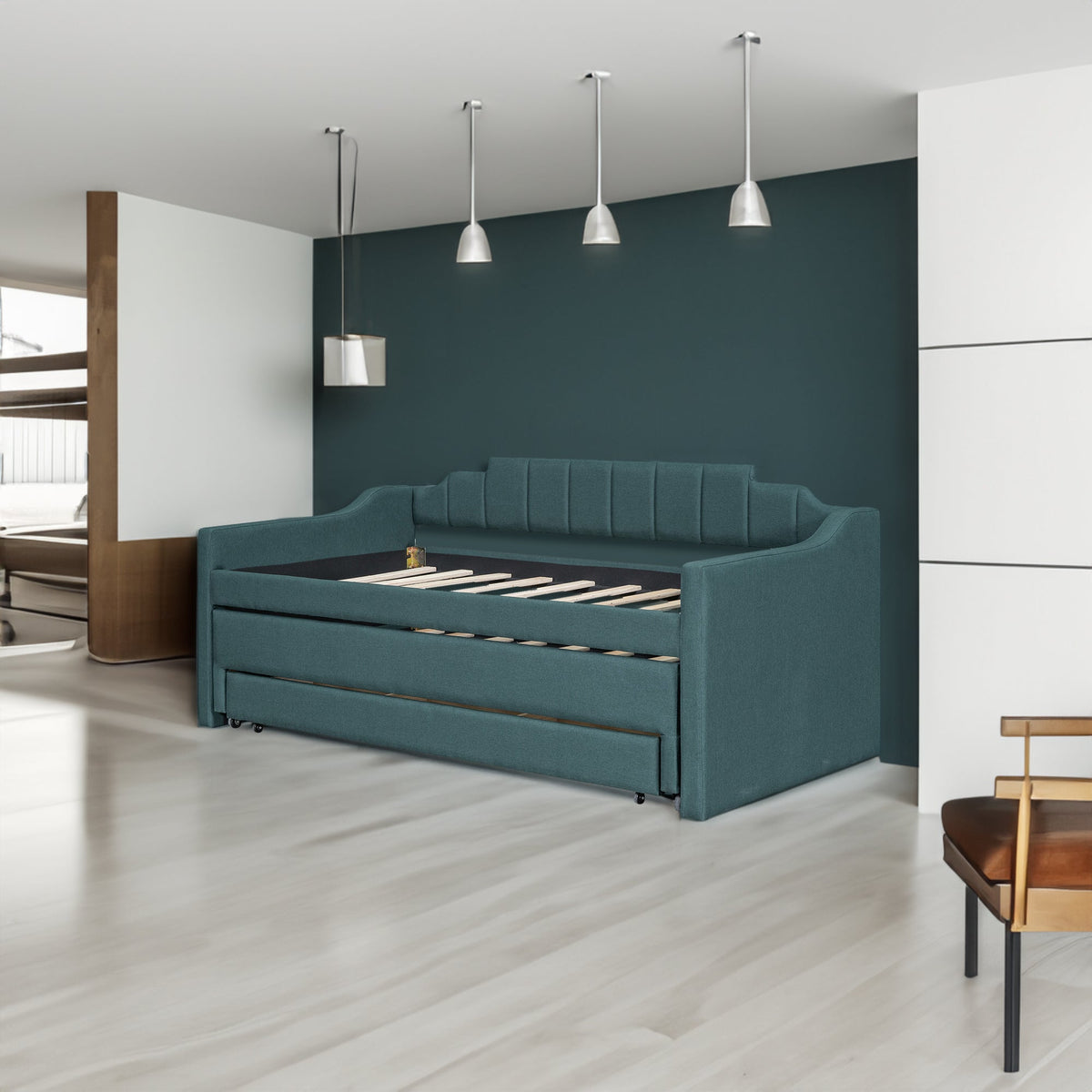 Twin Daybed with Trundle, Upholstered Teal Guest Bed