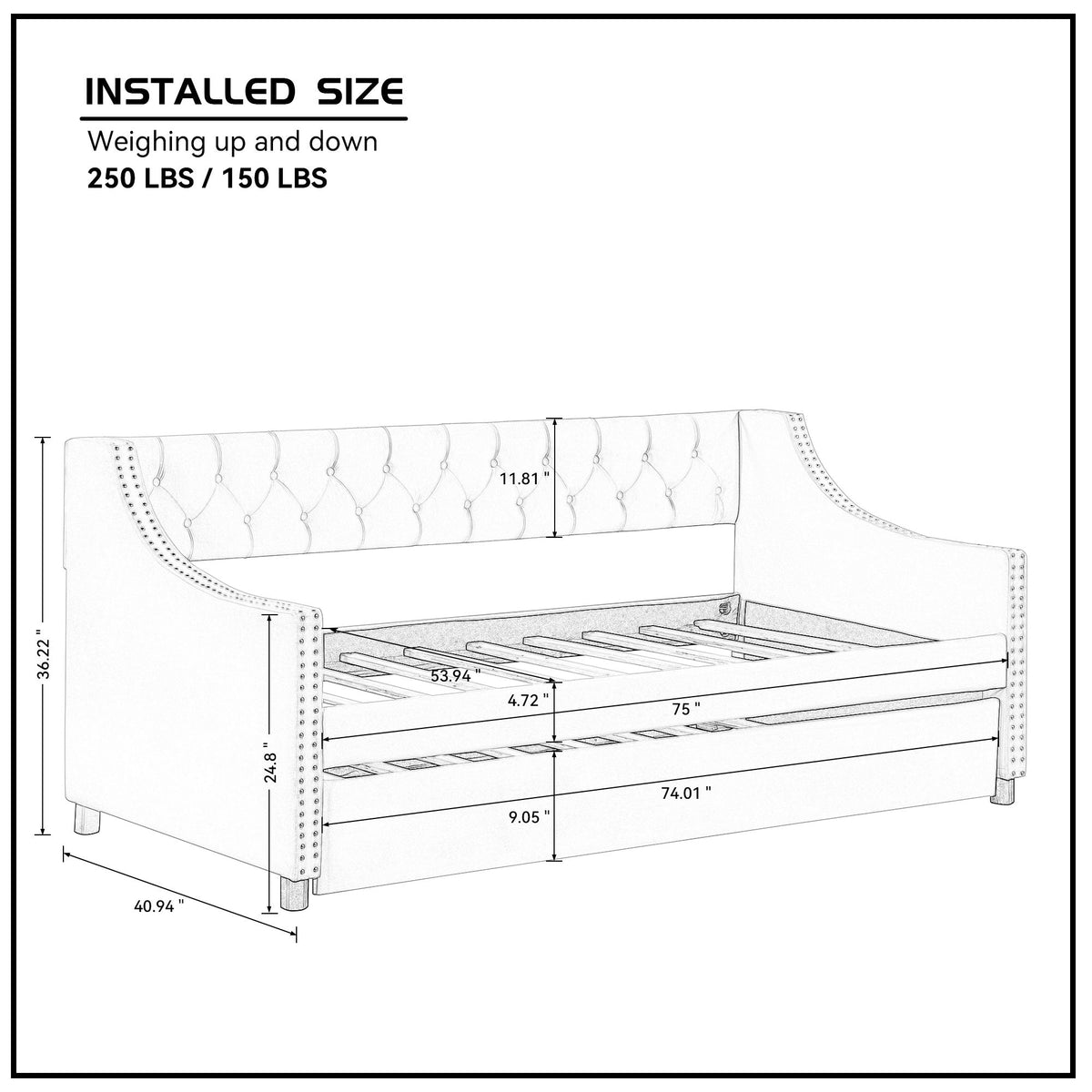 Tufted Velvet Twin Daybed with Trundle Bed Frame