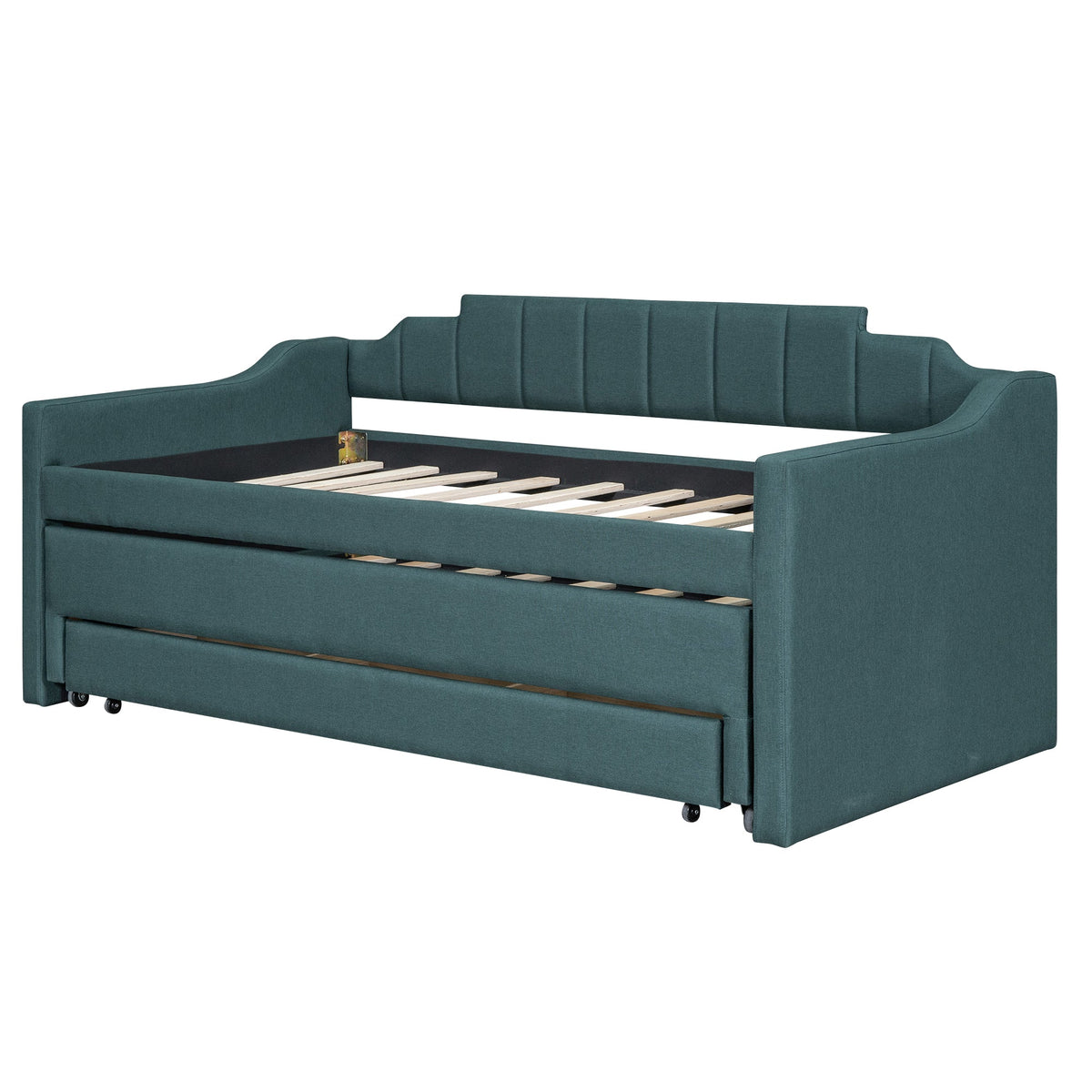 Twin Daybed with Trundle, Upholstered Teal Guest Bed