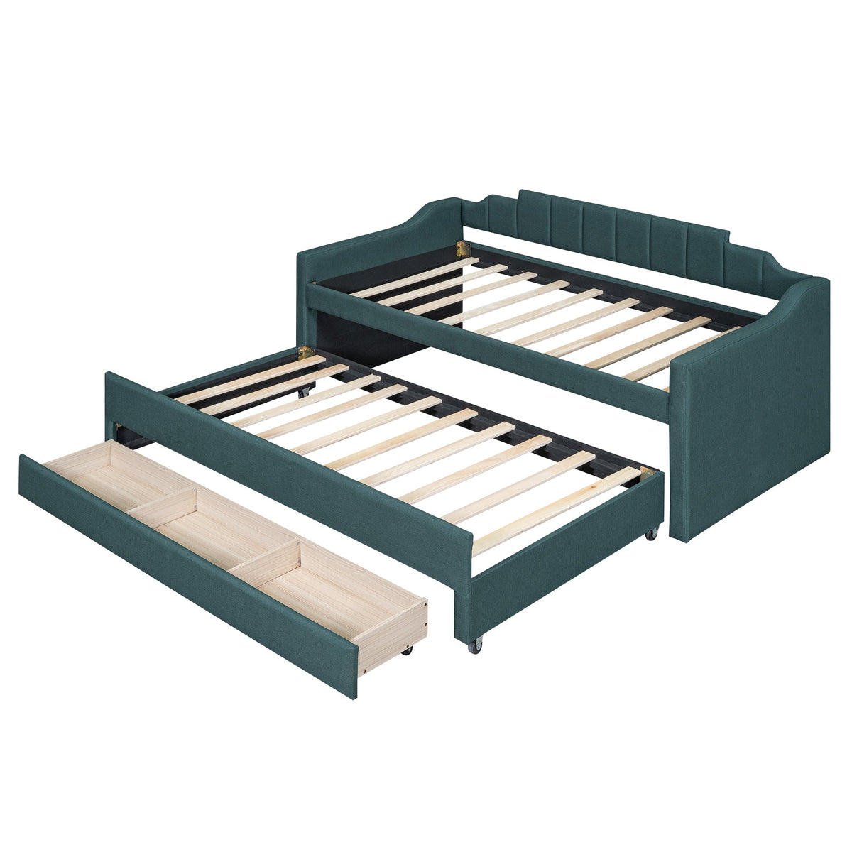 Twin Daybed with Trundle, Upholstered Teal Guest Bed