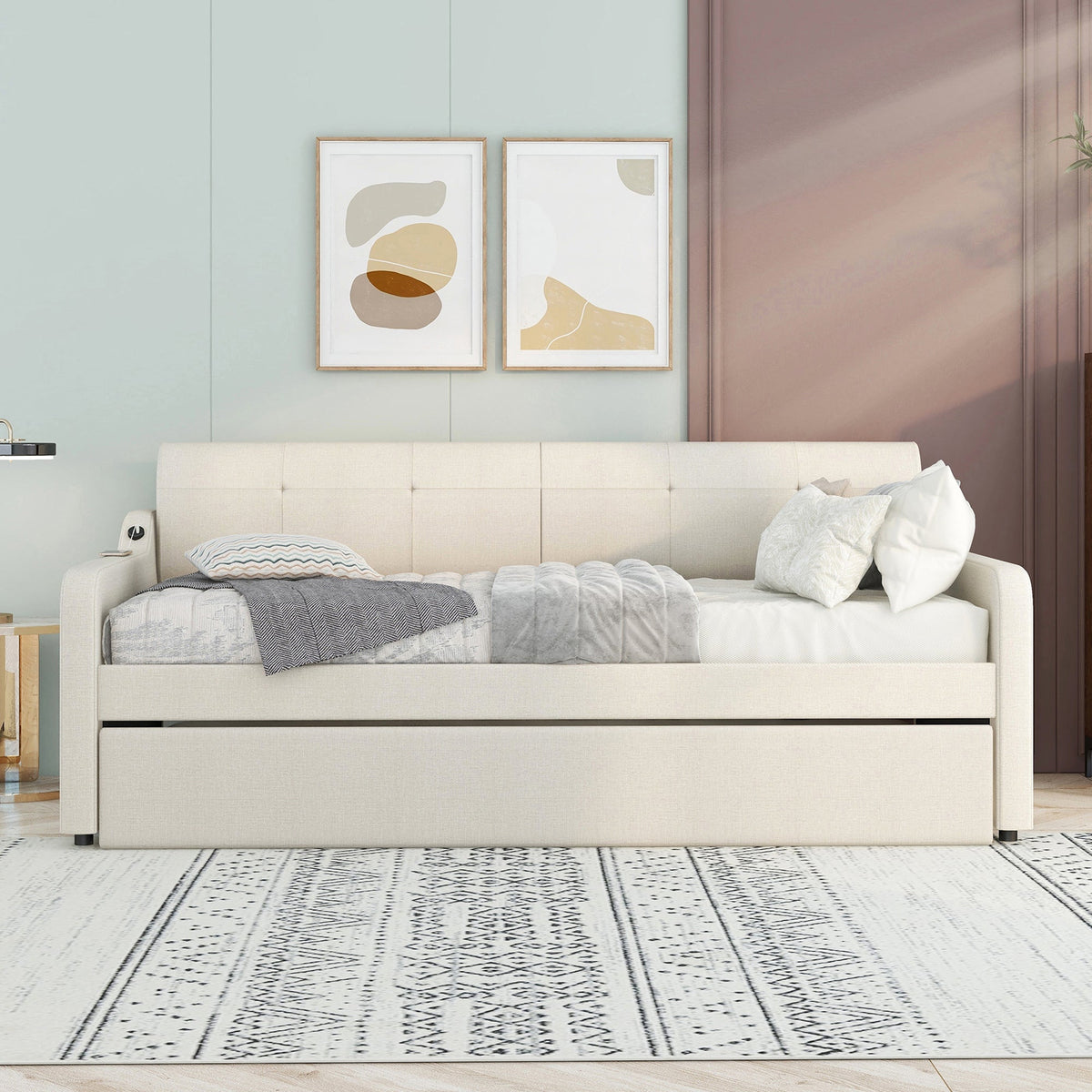 Twin Daybed with Trundle and USB Charging, Beige Linen