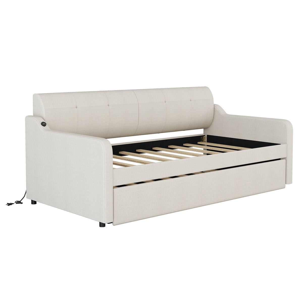 Twin Daybed with Trundle and USB Charging, Beige Linen