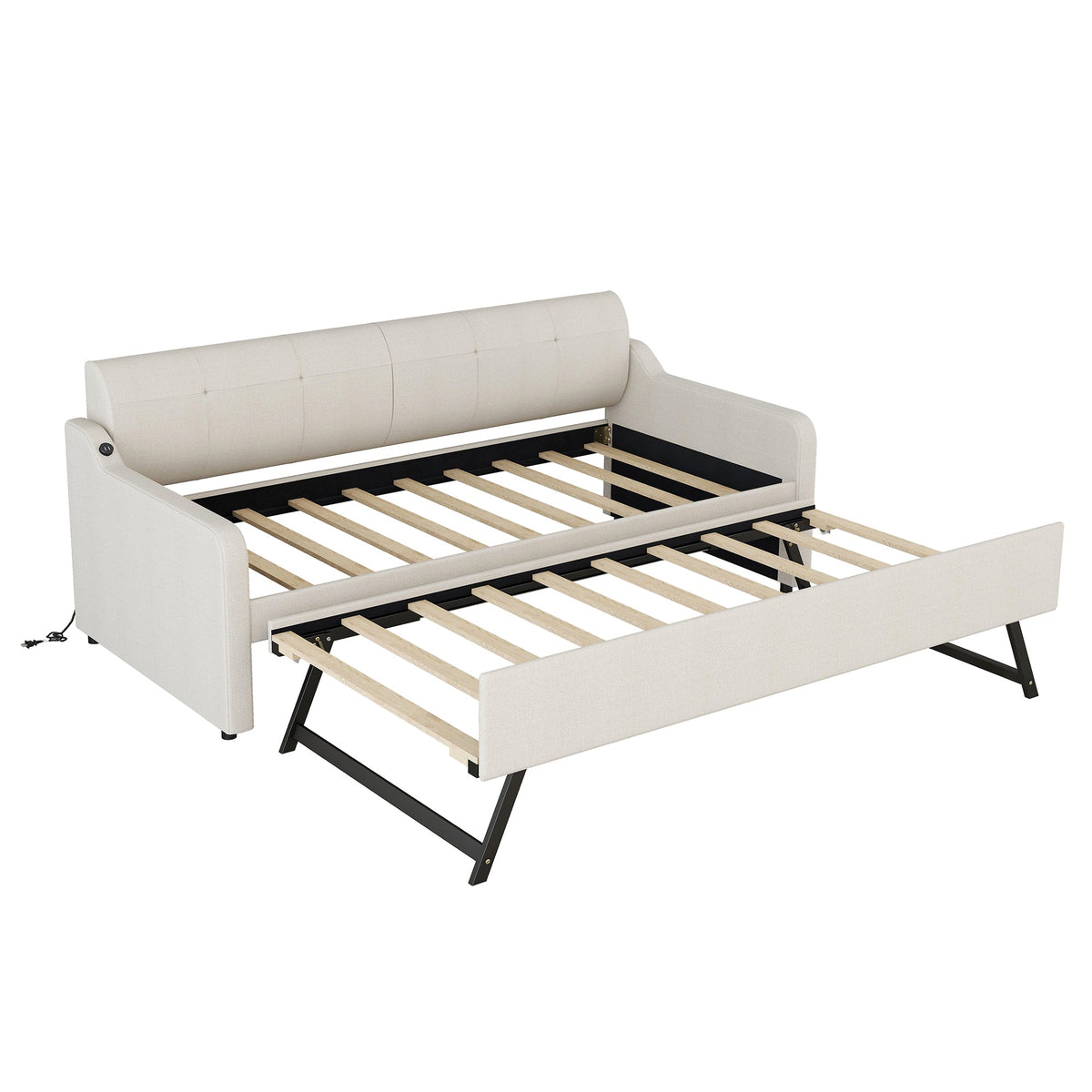 Twin Daybed with Trundle and USB Charging, Beige Linen