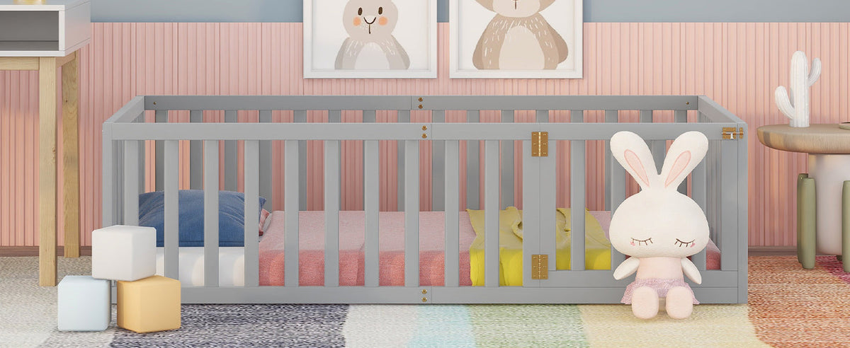 Twin Wood Daybed Frame with Safety Fence and Gate Gray