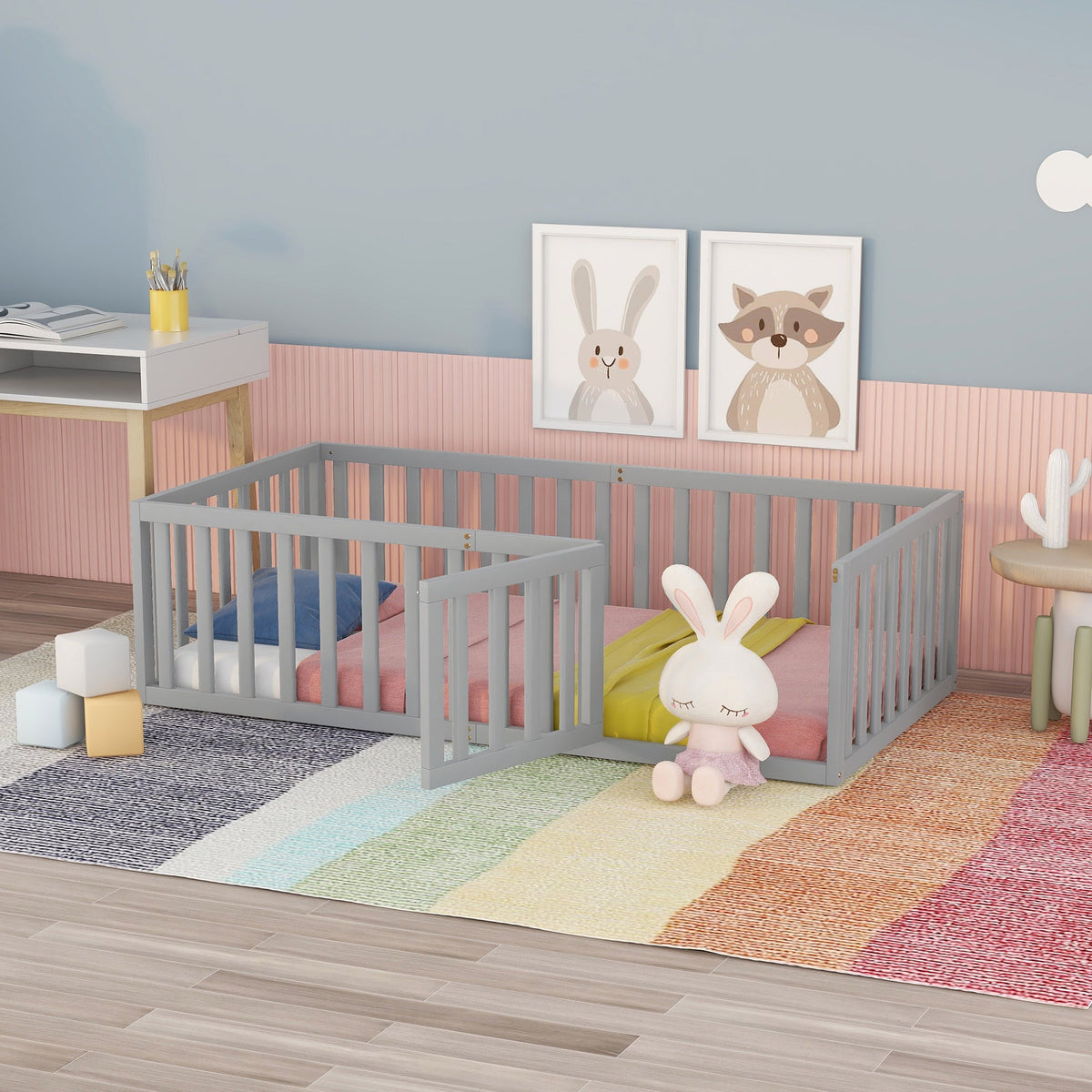 Twin Wood Daybed Frame with Safety Fence and Gate Gray