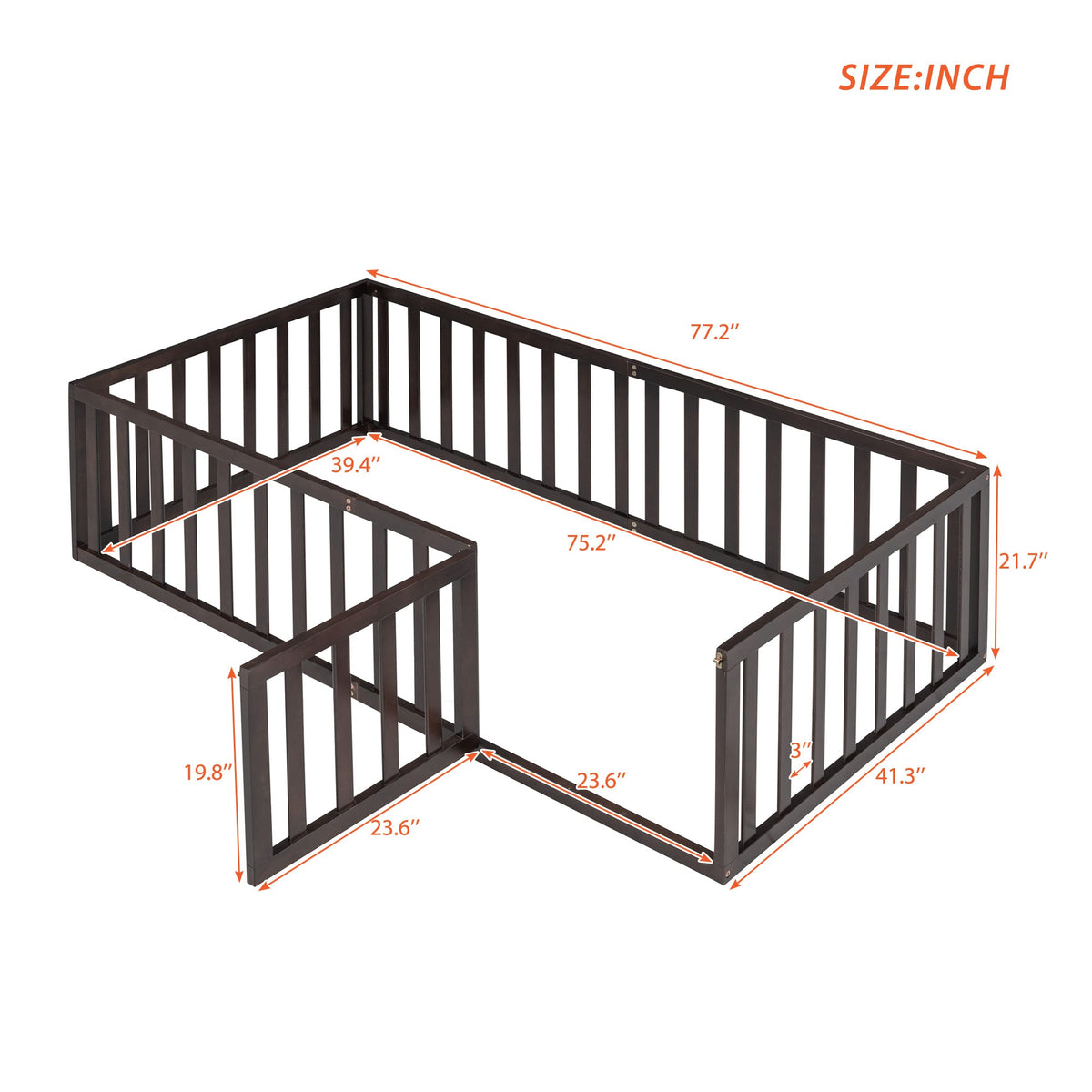 Twin Wood Floor Bed Frame with Fence and Gate, Walnut