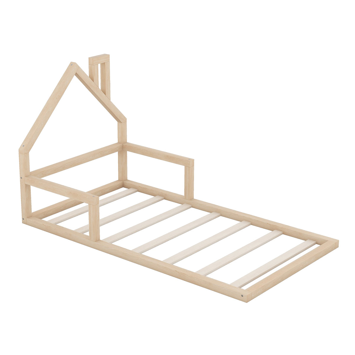 Low Twin Wood Floor Bed with House Headboard for Kids
