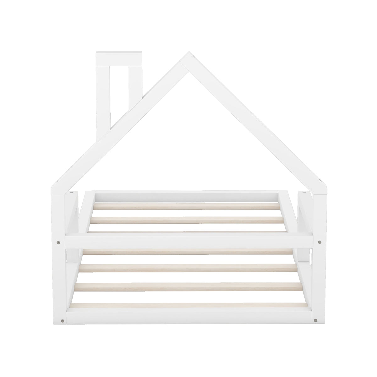 Twin Low Floor Bed for Kids with House Headboard, White