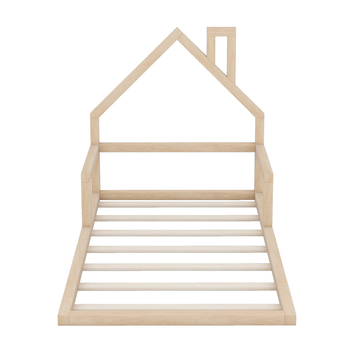 Low Twin Wood Floor Bed with House Headboard for Kids