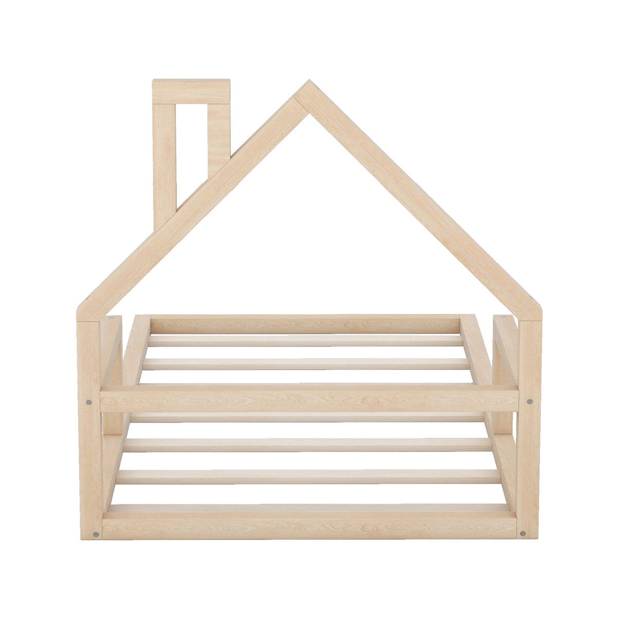 Low Twin Wood Floor Bed with House Headboard for Kids