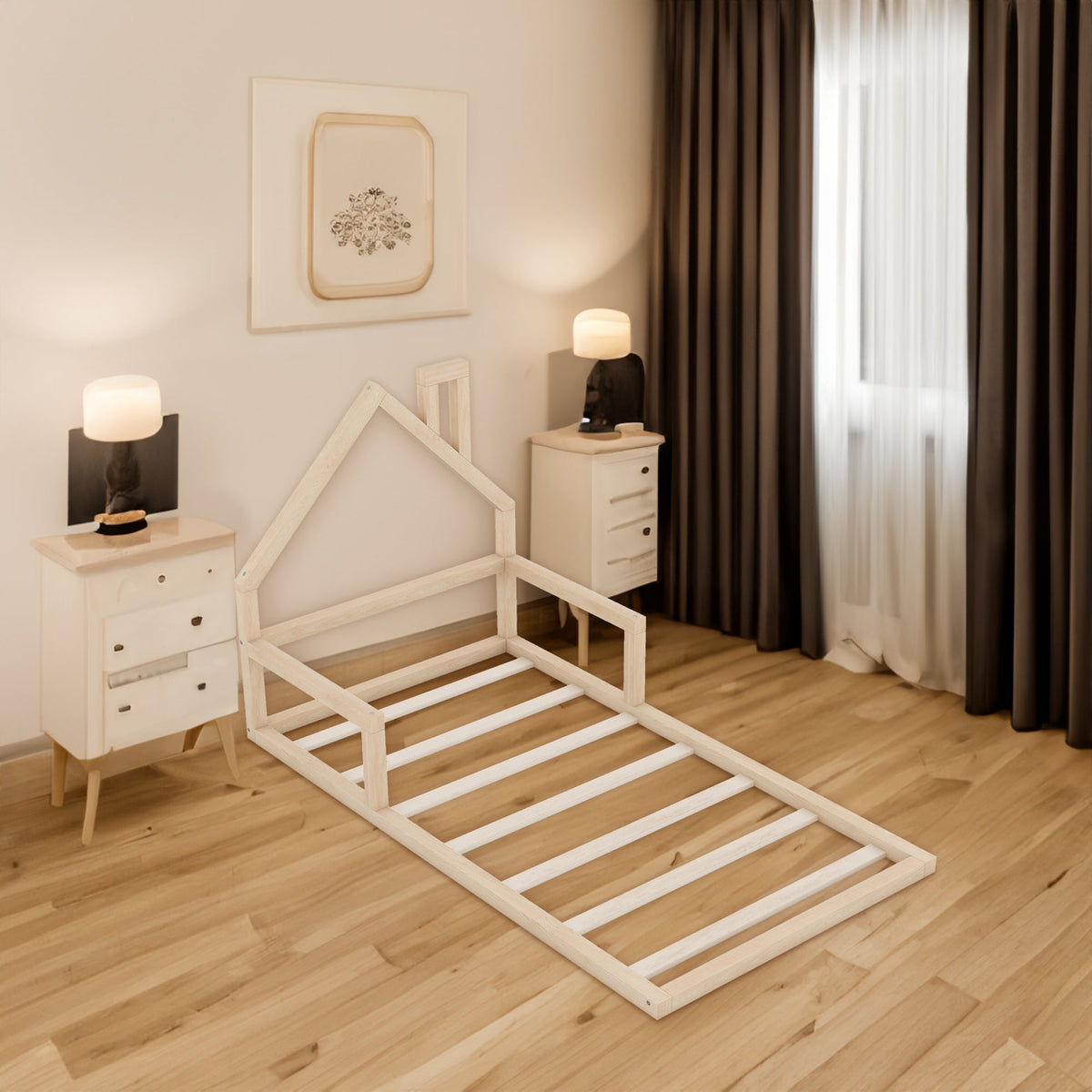 Low Twin Wood Floor Bed with House Headboard for Kids