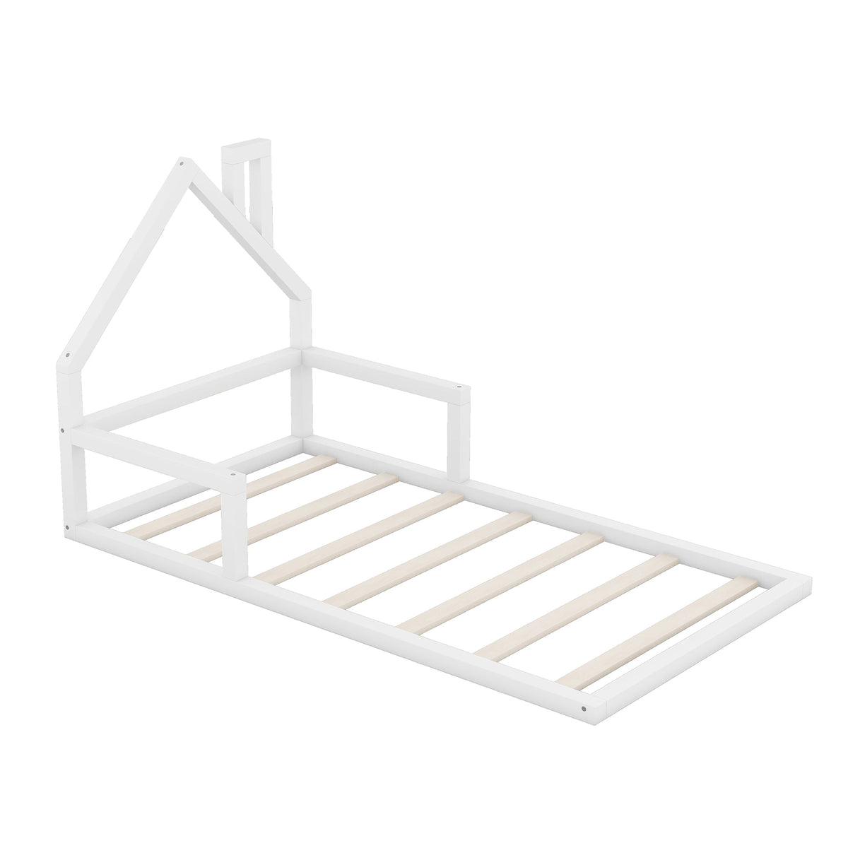 Twin Low Floor Bed for Kids with House Headboard, White